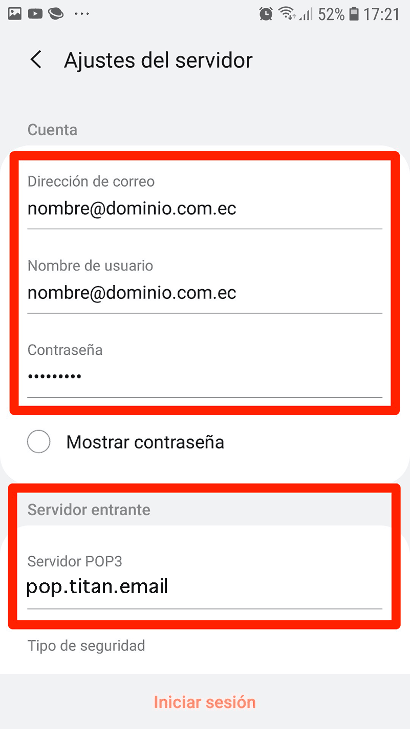 Android Mail pop3 Servidor entrante
