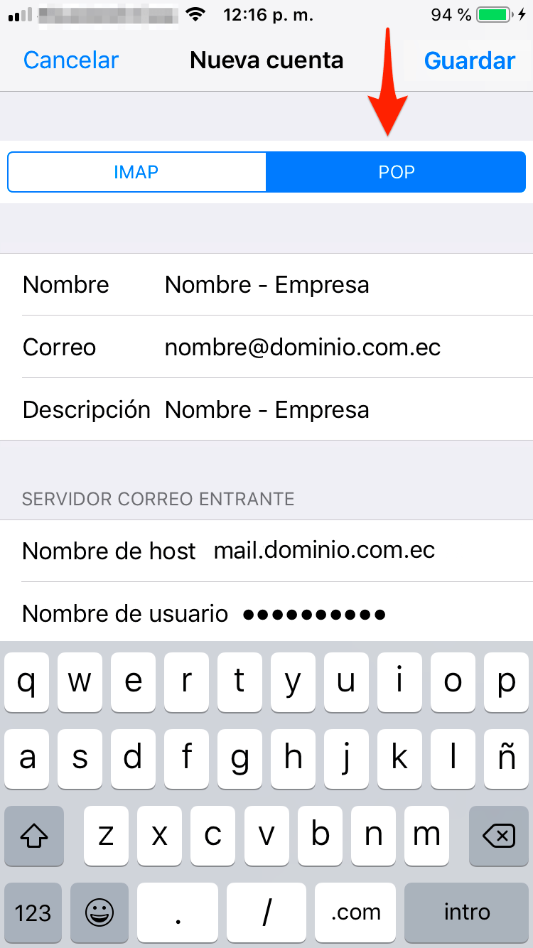 Configurar POP3 iOS Mail seleccionar POP3