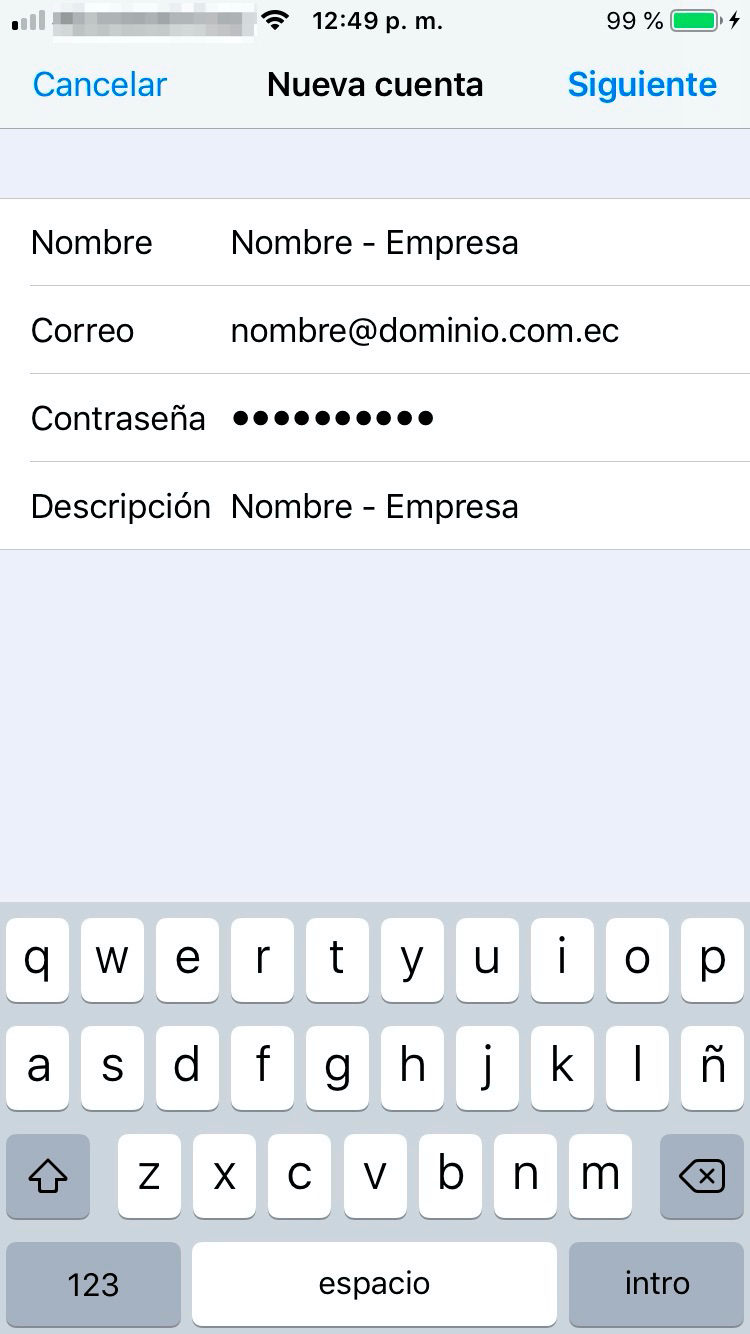 Configurar POP3 iOS Mail - Nueva cuenta