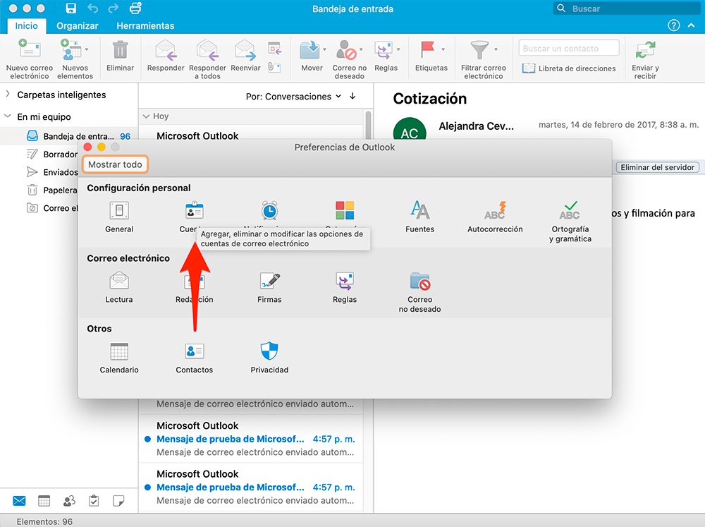 Outlook 2016 en Windows 10: Configuración de la cuenta, Más configuraciones, Servidor de salida