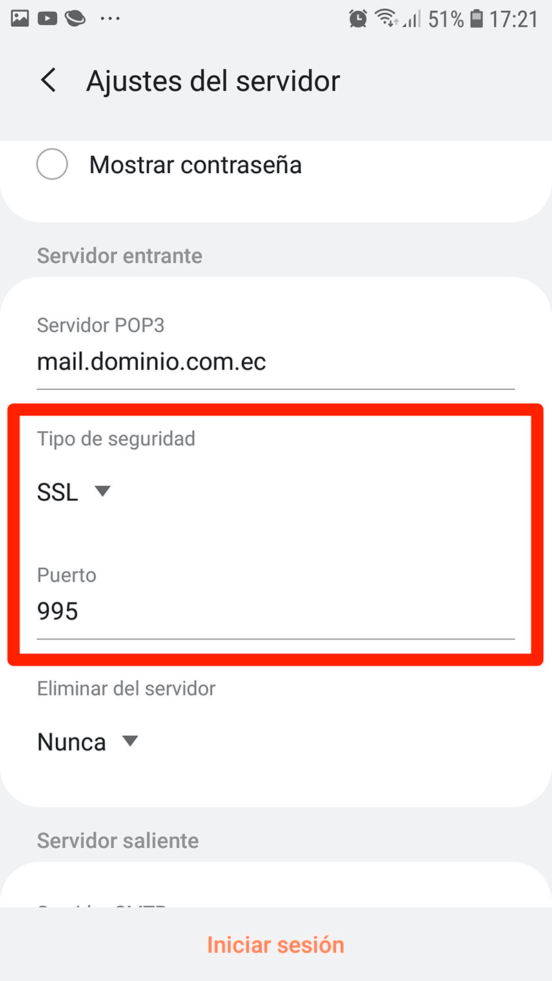 Android correo tipo de seguridad SSL Puerto 995
