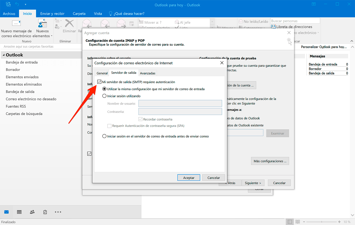 Outlook 2016 en Windows 10: Configuración de la cuenta, Más configuraciones, Servidor de salida y activar "Mi servidor de salida (SMTP) requiere autenticación"