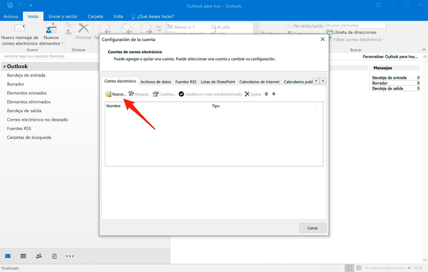 Outlook 2016 en Windows 10: Configuración de la cuenta y dar clic en Nuevo