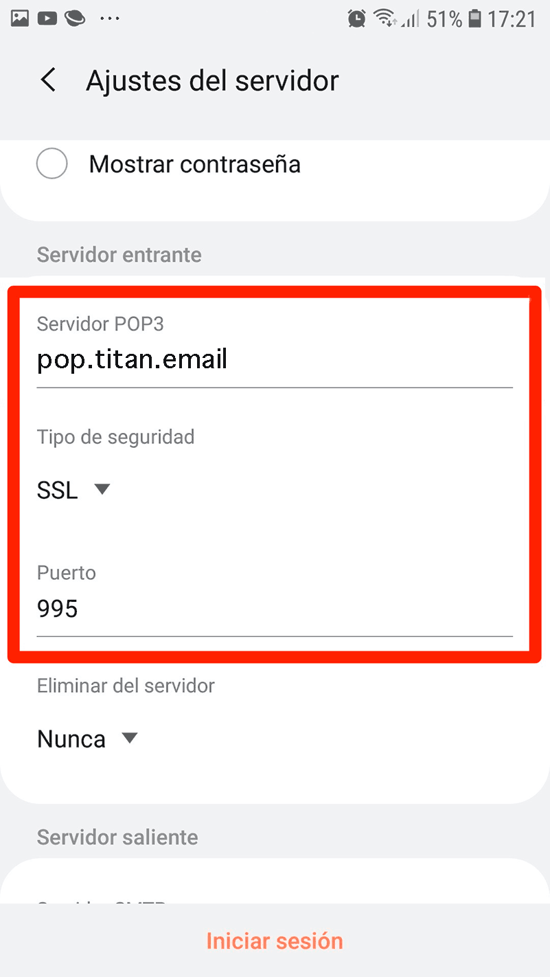Android correo tipo de seguridad SSL Puerto 995