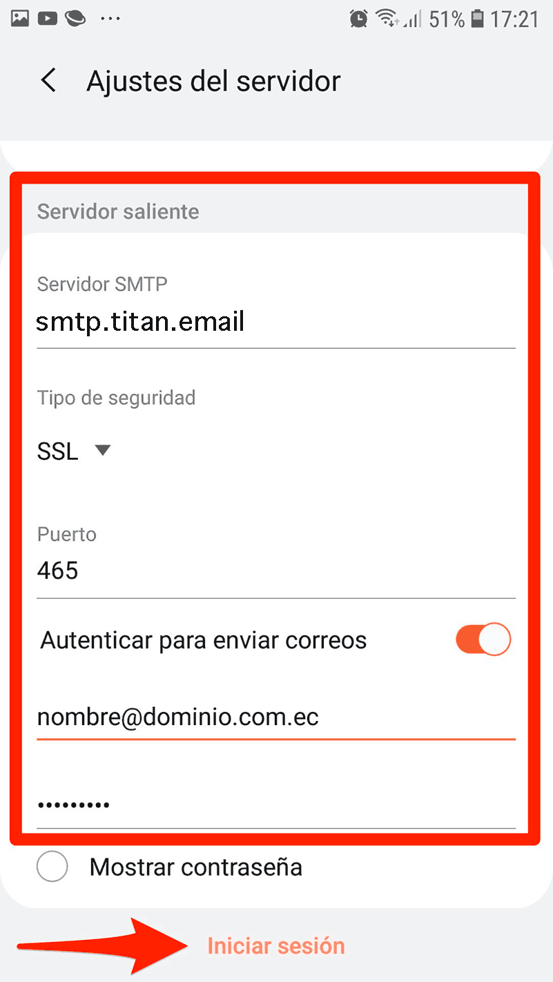 Servidor Saliente Android Mail SSL puerto 465