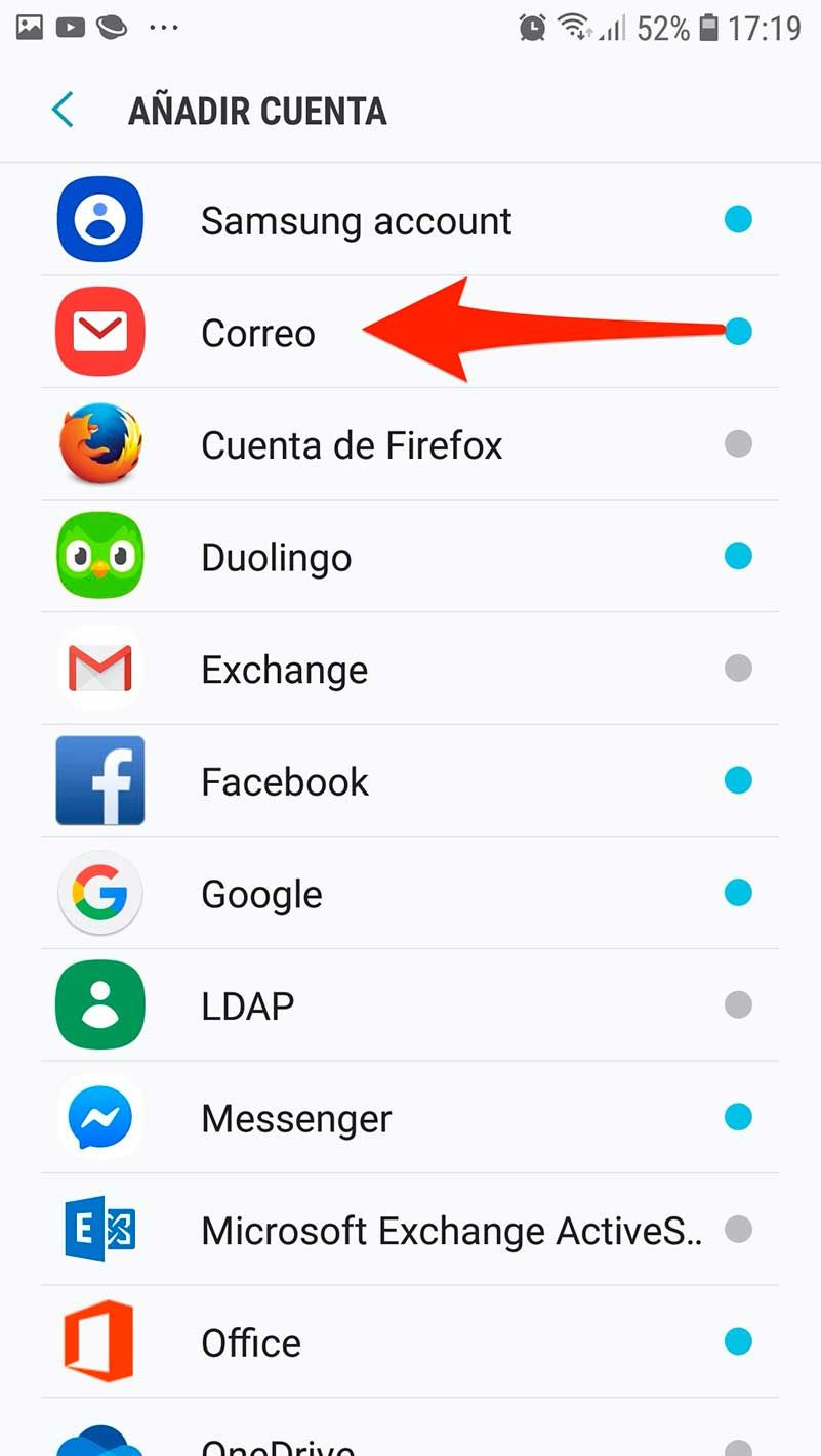Android Mail configurar cuenta POP3: Añadir cuenta - Correo