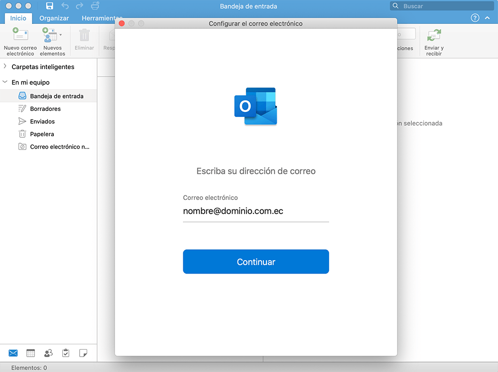 Outlook en Mac: POP3 Llenar: Correo electrónico y continuar